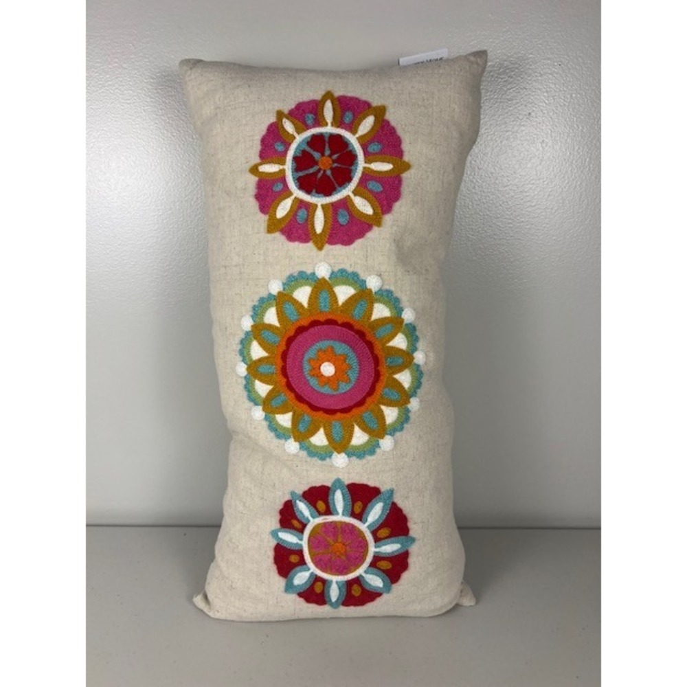 Levtex Home Lumbar Throw Pillow Embroidered Duck Feather Fill 12x24 cream linen